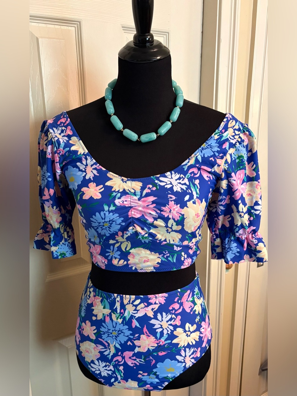 White Birch 2 piece Swim Suit Blue Floral Crop top and high waisted bottom